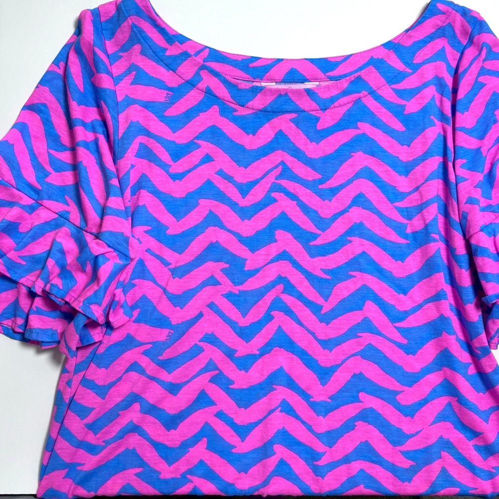 Lilly Pulitzer Lula Top Ruffle Sleeve Woman's Large Pink Blue I Got Lucky Print